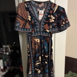 NWT BCBGMaxAzria Navy and Beige Floral Dress Size XS